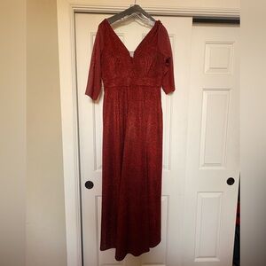 V-Neck Formal Gown with 3/4 Sheer Sleeves - Size 14, Dark Red, Burgundy Shimmer.